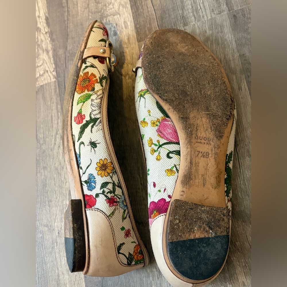 Gucci Multicolor Floral Print Leather and Canvas Bamboo Horsebit Ballet 7 1/2 B - Picture 7 of 7